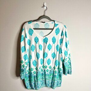 Talbots Aqua Blue Paisley Floral Print 3/4 Sleeve Button-Front Cardigan Plus 3X